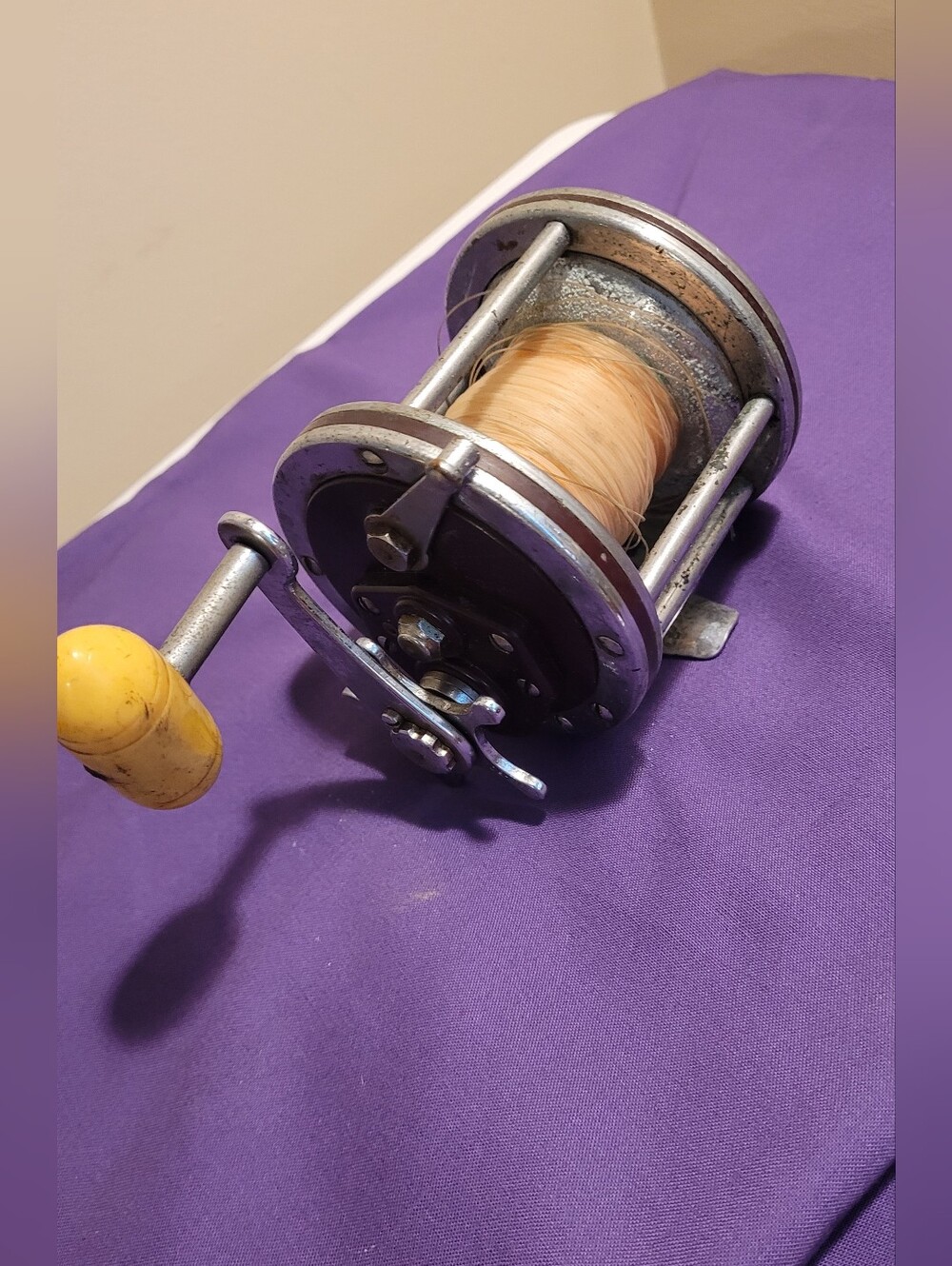 Vintage Round Fishing Reel with Yellow Handle - Silver & Yellow Wow, Ready To Go